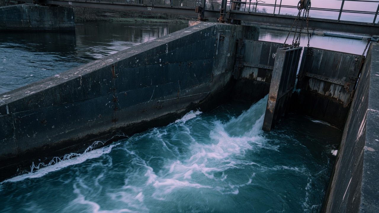 River current running through a slate sluice at dusk